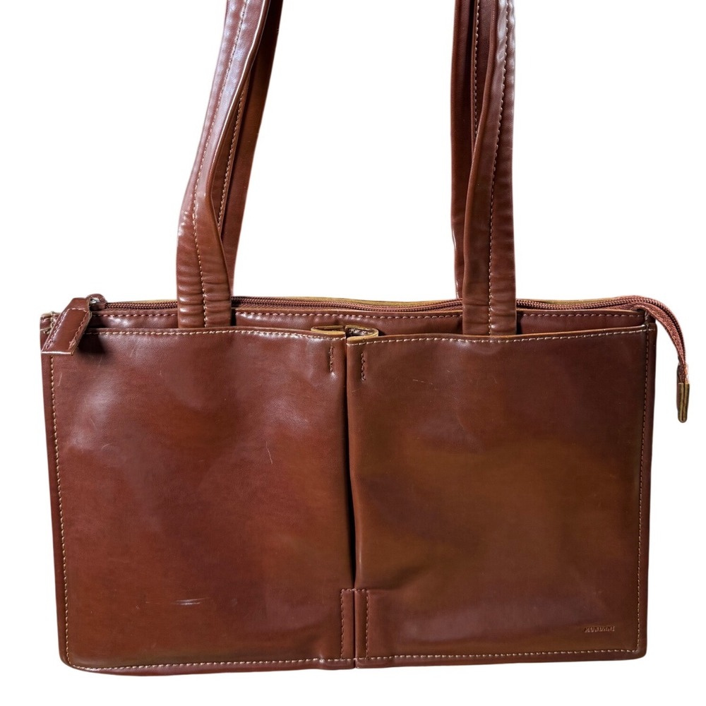 Mondani vintage Brown Faux Leather Structured Shoulder Bag Tote Zip Top Pocketed